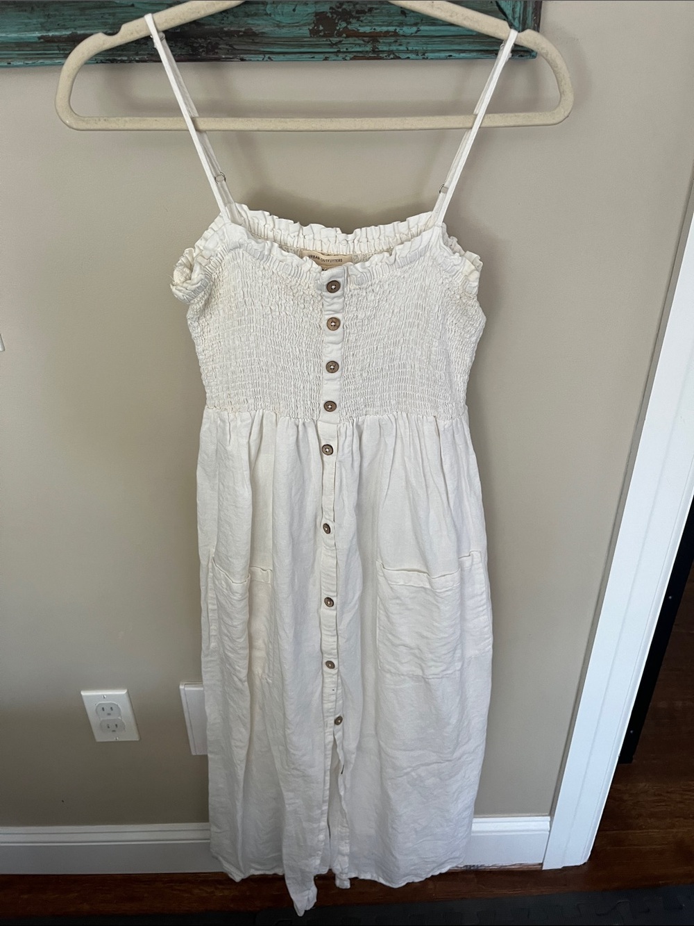 Urban Outfitters White Smocked Button Maxi Dress with Ruffled Neckline